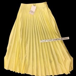 ZARA BUTTER YELLOW SATIN EFFECT PLEATED MIDI MAXI SKIRT